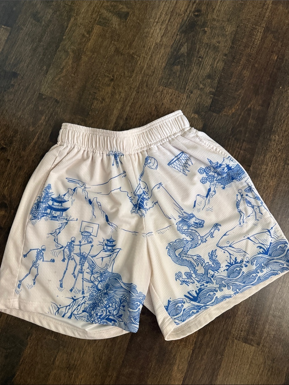 Austen AG Off-White Athletic Shorts with Blue Print